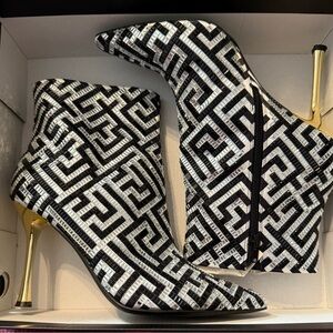 Black and silver Patterned Ankle Boots with Gold Heel